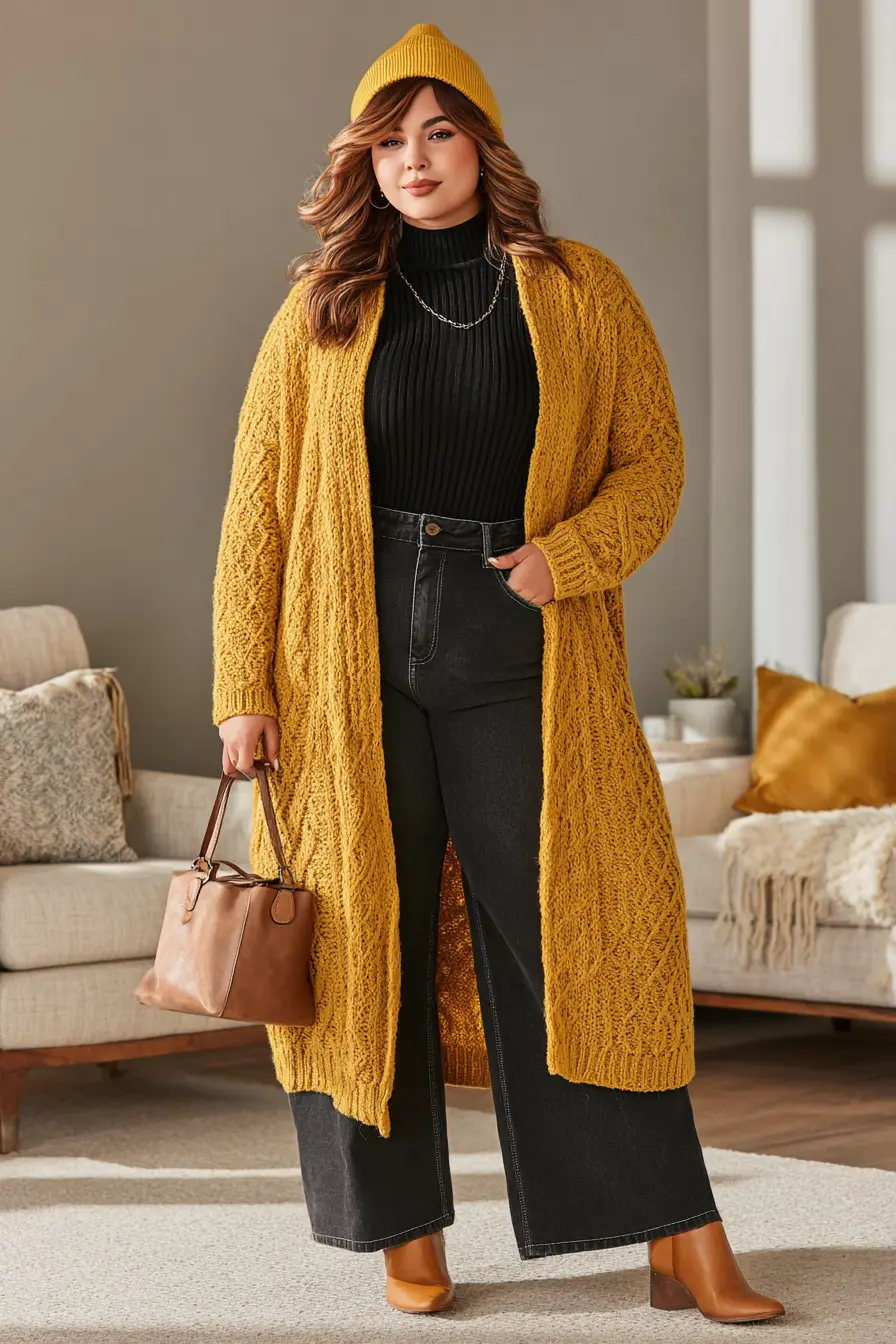 Mustard Cardigan + Wide-Leg Jeans
