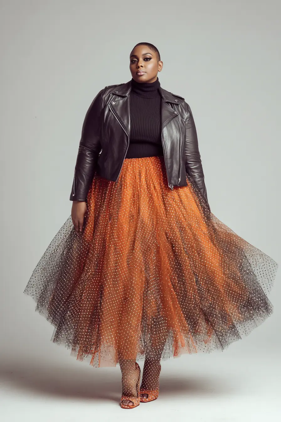 Leather Moto Jacket + Rust Tulle Midi Skirt