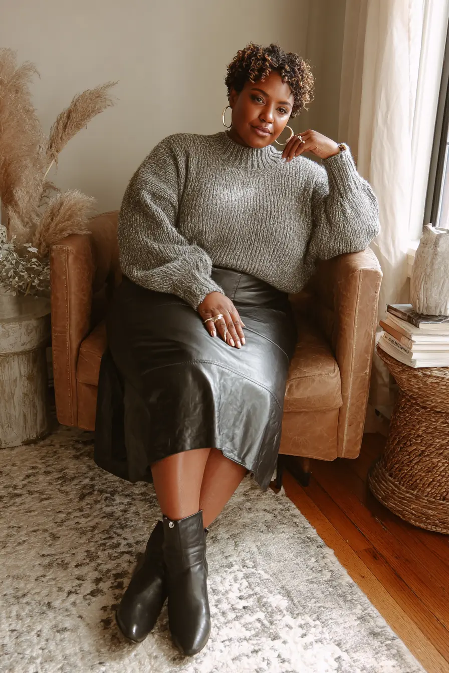 Chunky Knit Sweater + Black Leather Midi Skirt