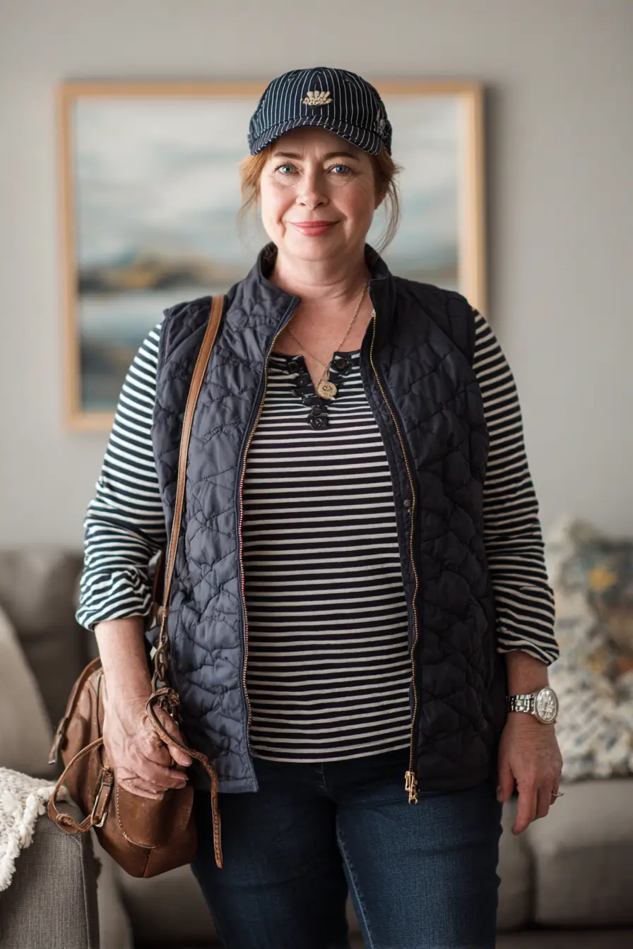 Quilted Vest Layering + Striped Knit Tee