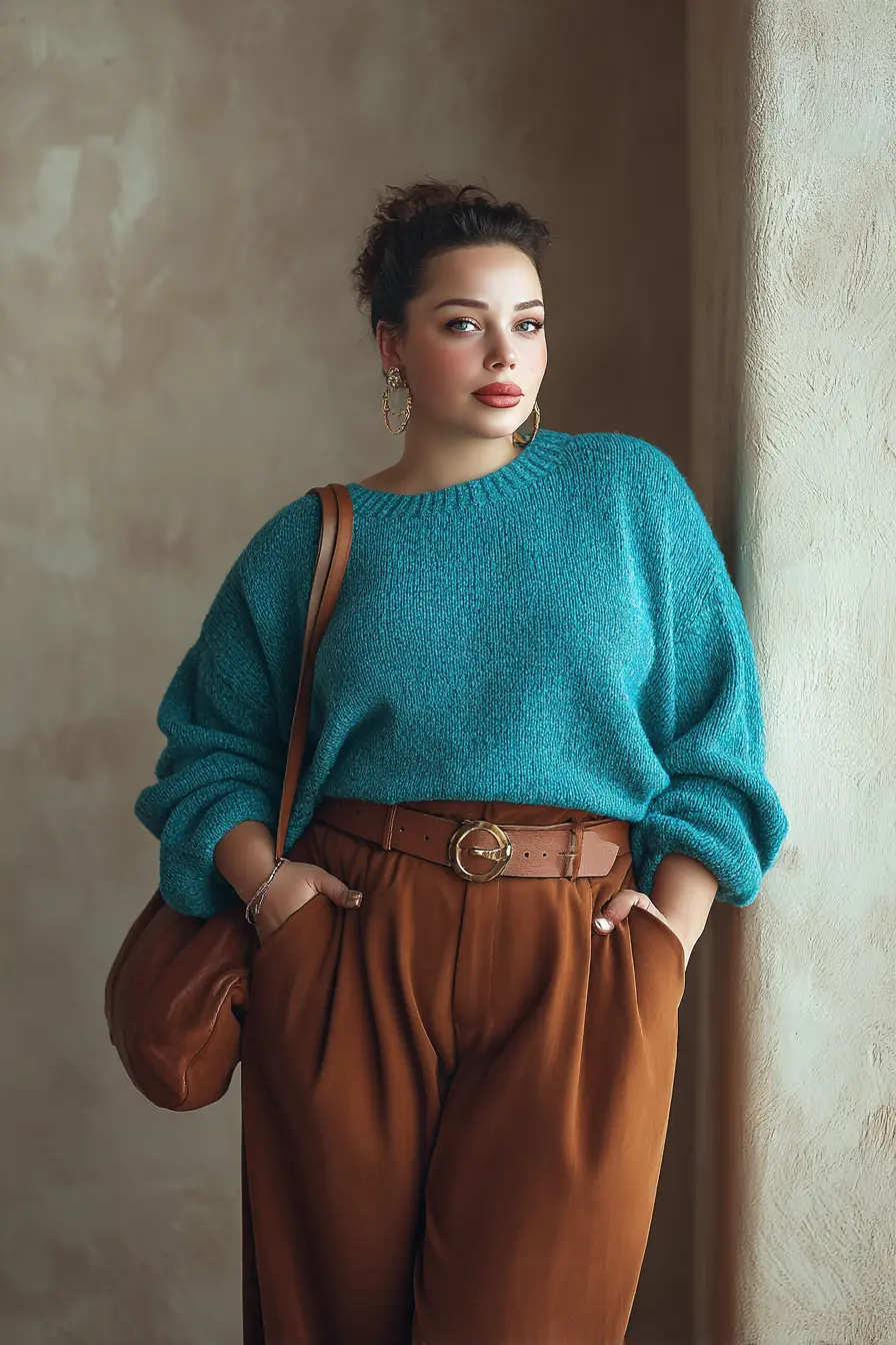 Teal Sweater + High-Waist Trousers Link