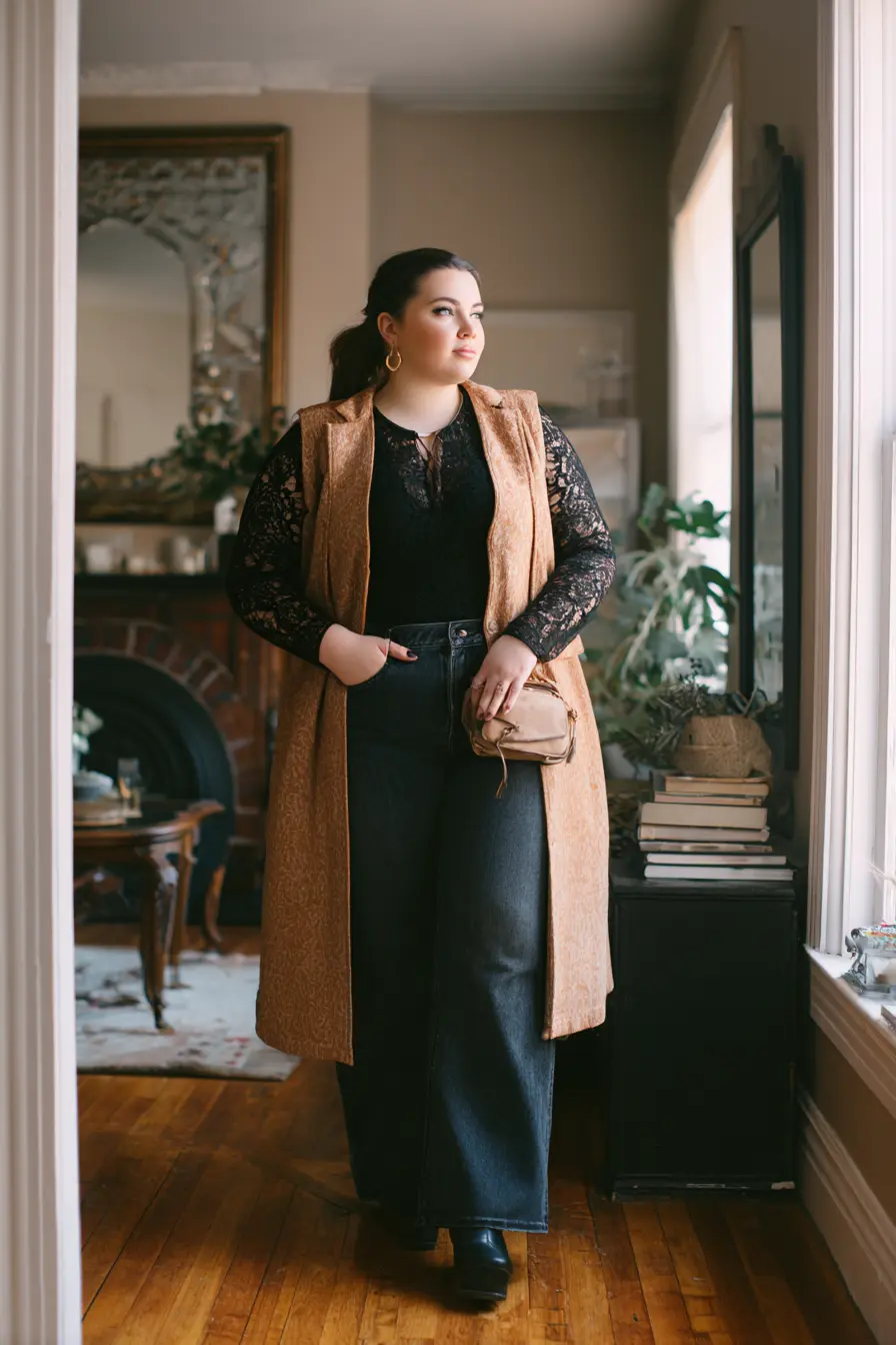 Lace Detail Blouse + Longline Vest
