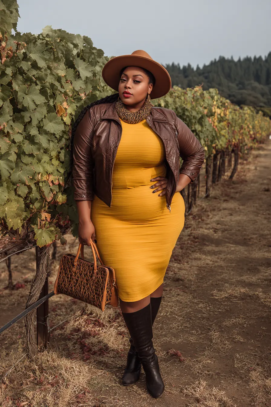 Mustard Midi Dress + Leather Jacket