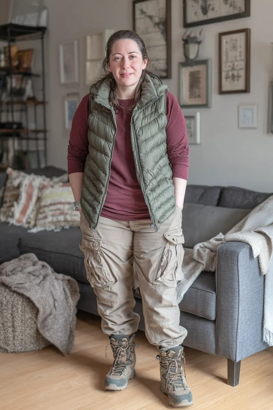 Forest Green Puffer Vest + Cargo Pants Adventure