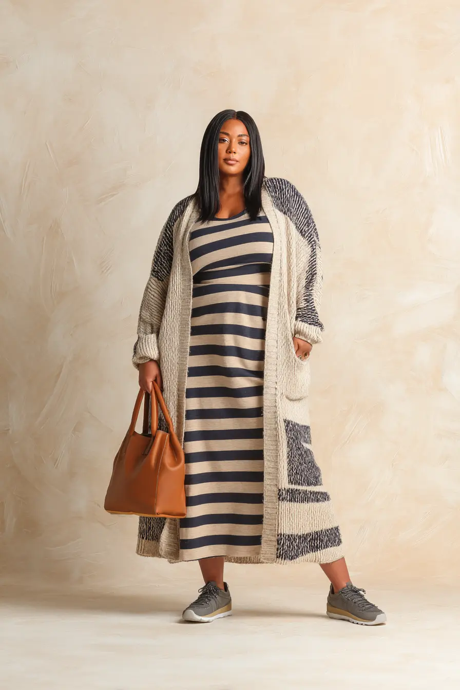 Striped Maxi Dress + Chunky Knit Cardigan