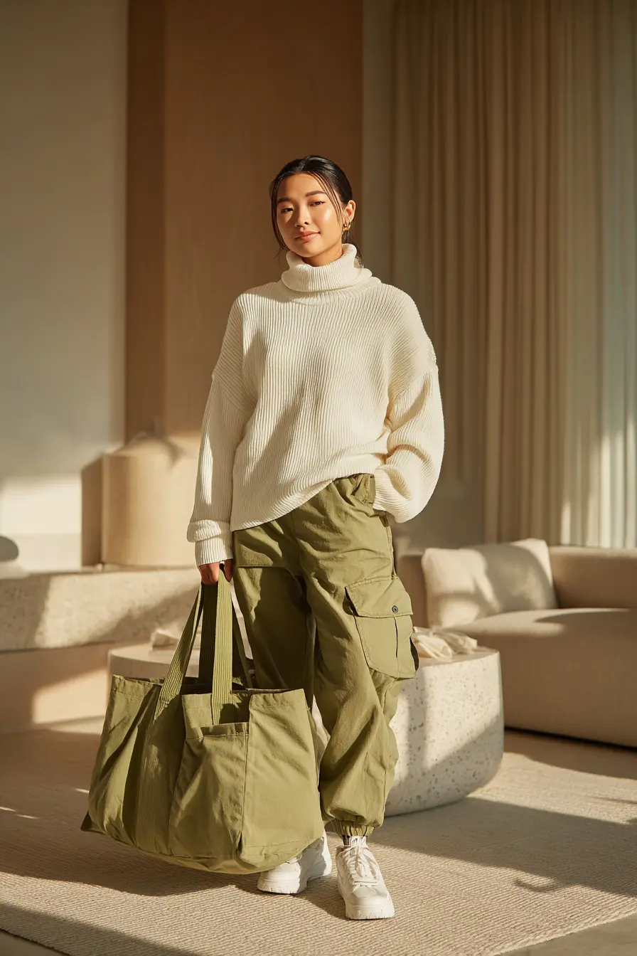 Ribbed Turtleneck Sweater + Cargo Jogger Pants