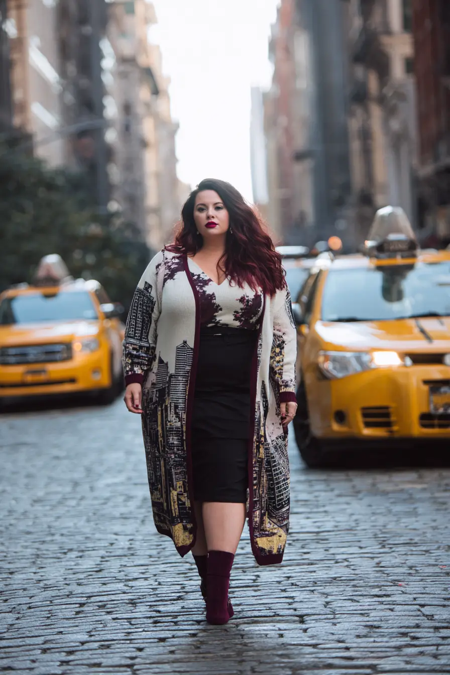 Statement Cardigan Coat + Fitted Dress + Sock Boots