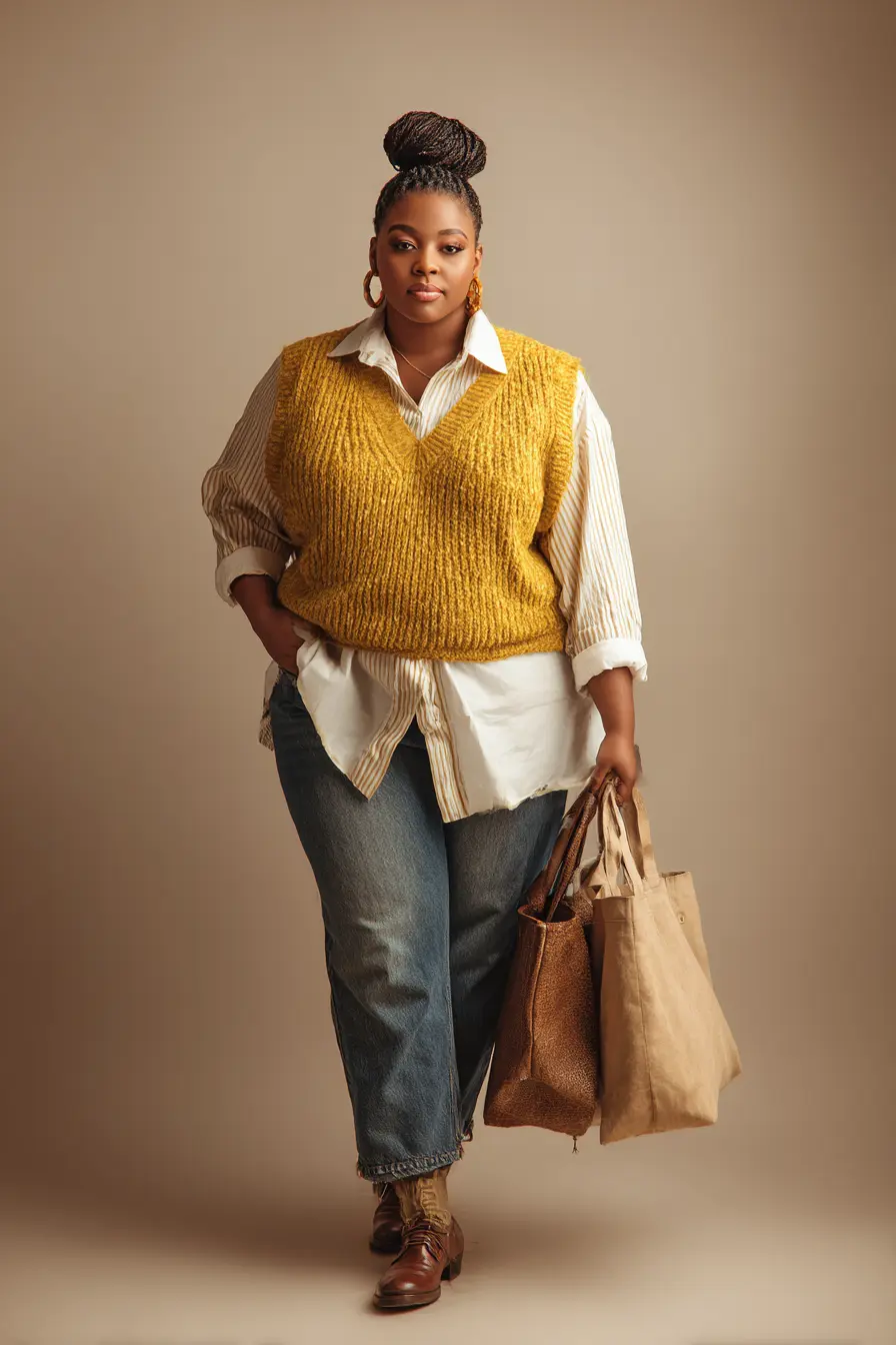 Textured Sweater Vest + Oversized Button-Down Layer