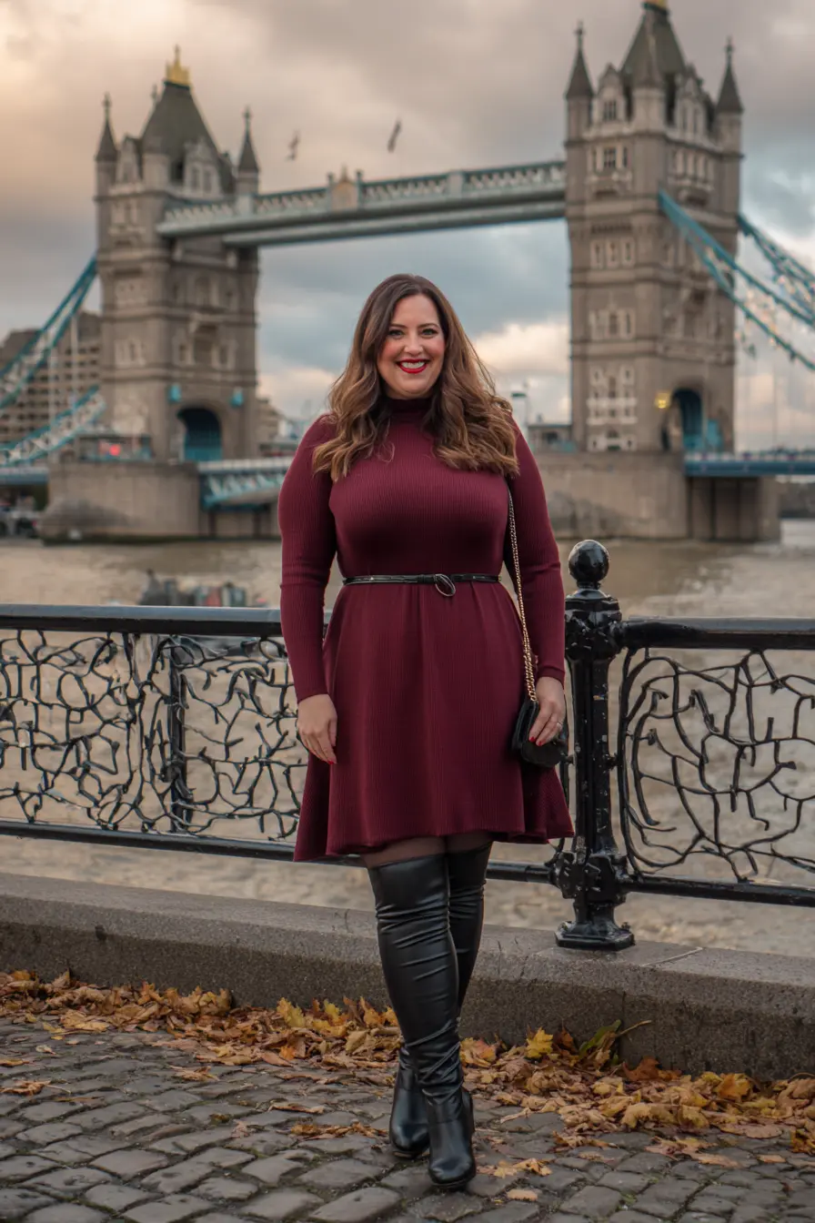 Burgundy Knit Dress With Tall Boots for a Chic London Fall Moment