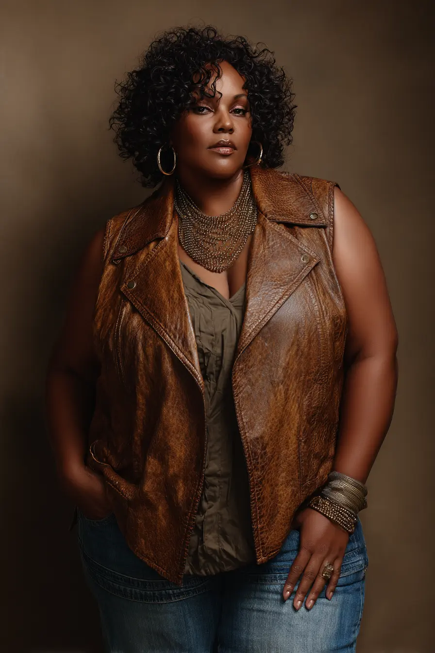 Textured Leather Vest + High-Waisted Jeans