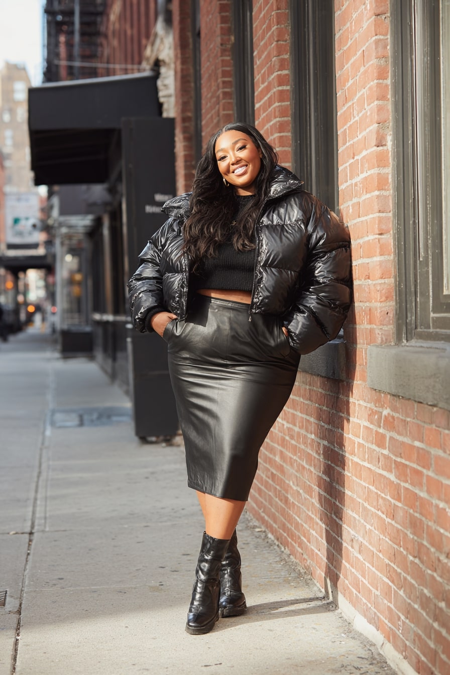 Sleek Leather Skirt with Cropped Puffer Jacket