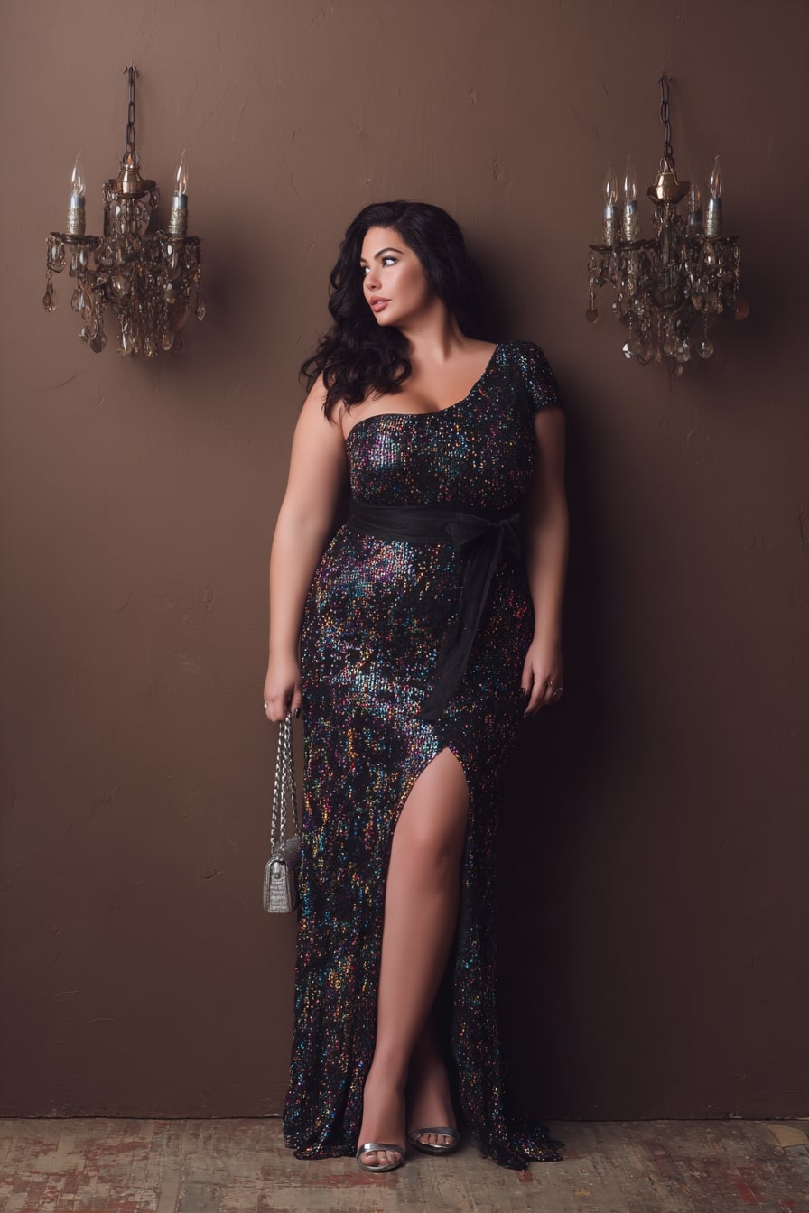 Sequin One-Shoulder Gown + Satin Waist Tie