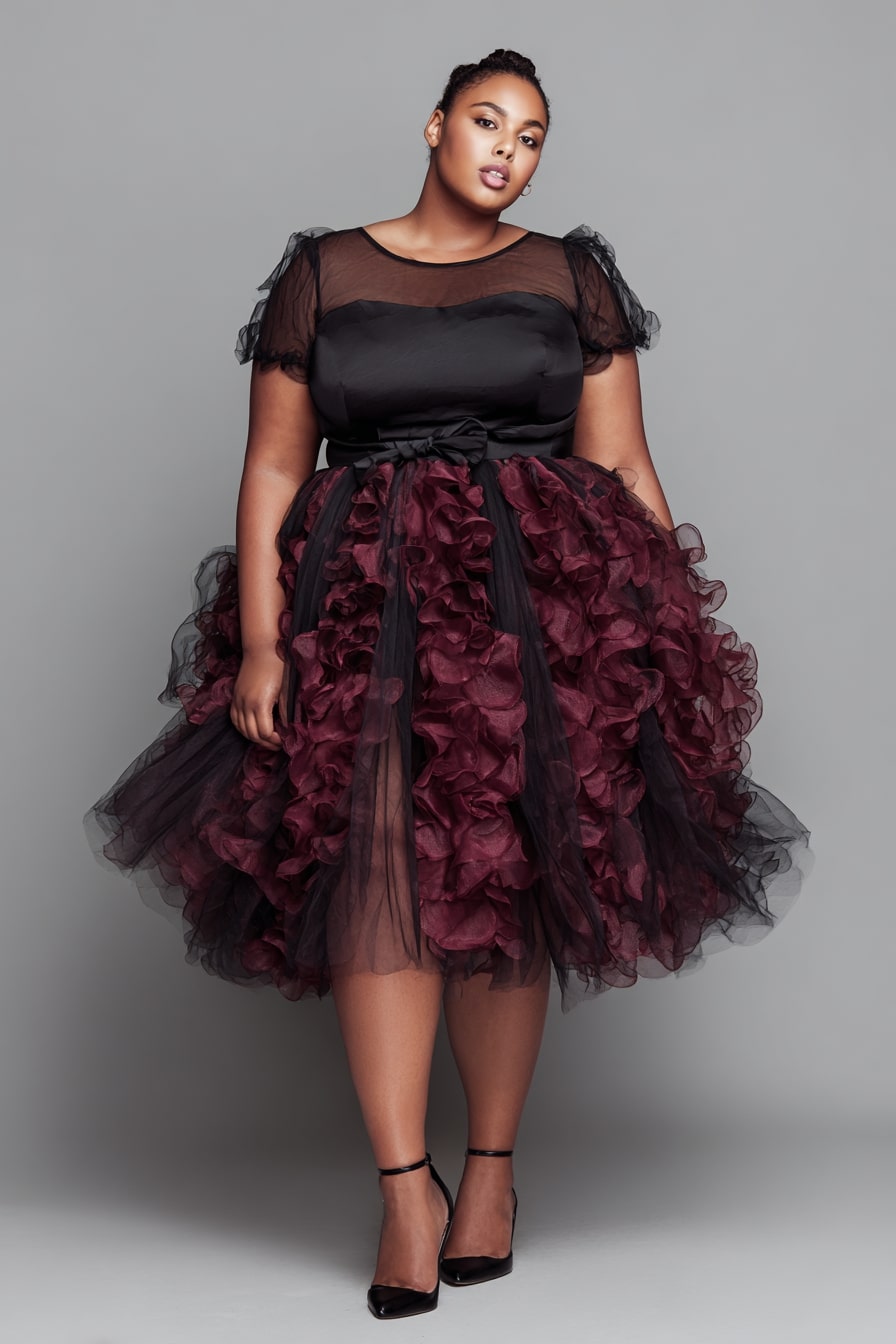 Sheer Black Bodice + Layered Burgundy Tulle Skirt