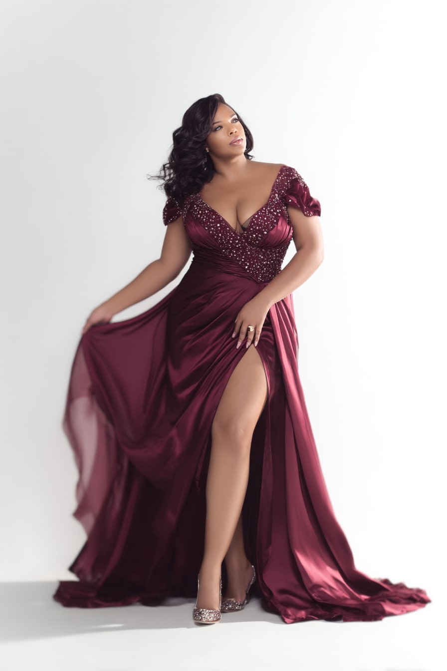 Burgundy Satin Gown with Sequin Detailing