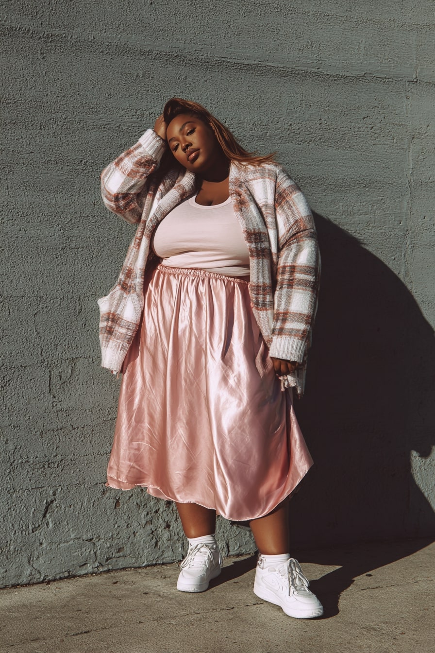 Soft Pink Satin Skirt with Plaid Layer for Valentine’s Day Charm