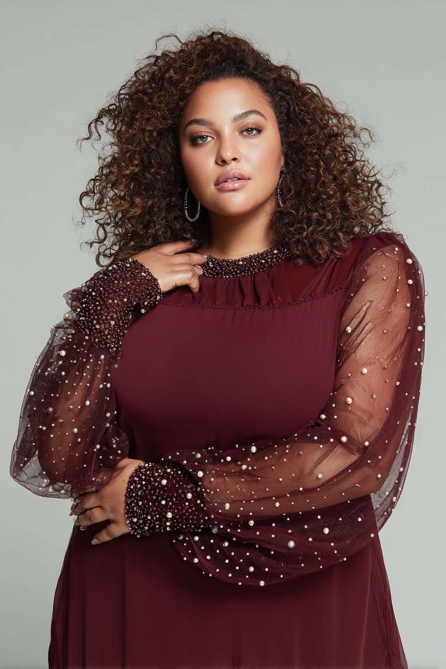 Sheer Pearl-Sleeve Dress + Rich Burgundy Flow