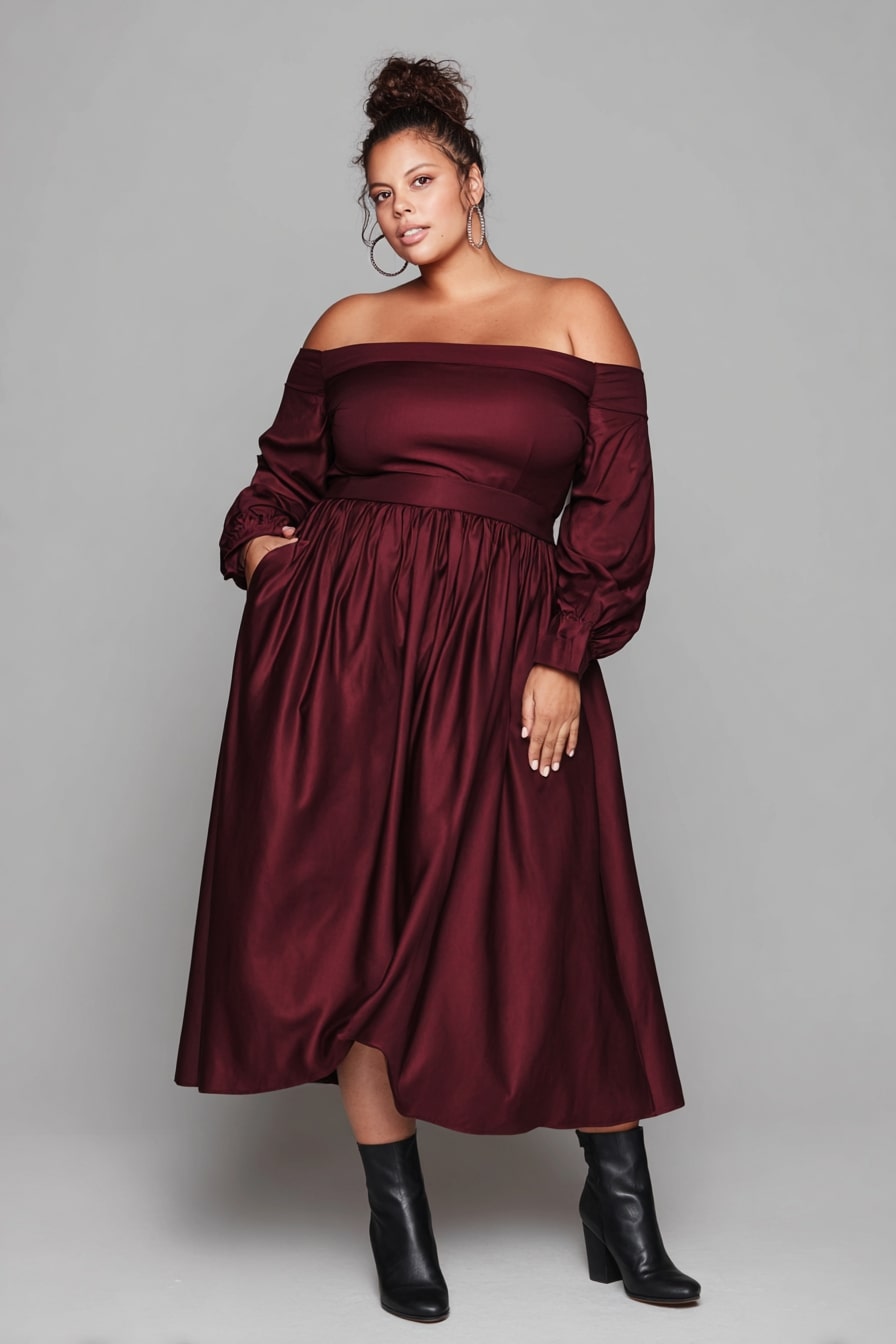 Off-Shoulder Midi Dress + Structured Satin Finish
