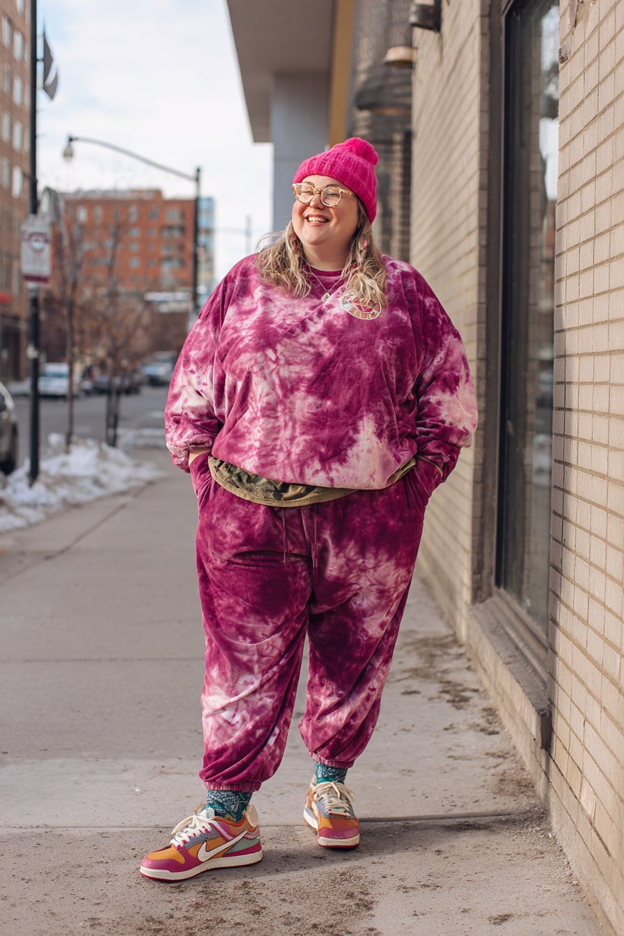 Playful Tie-Dye Tracksuit with Bright Accessories