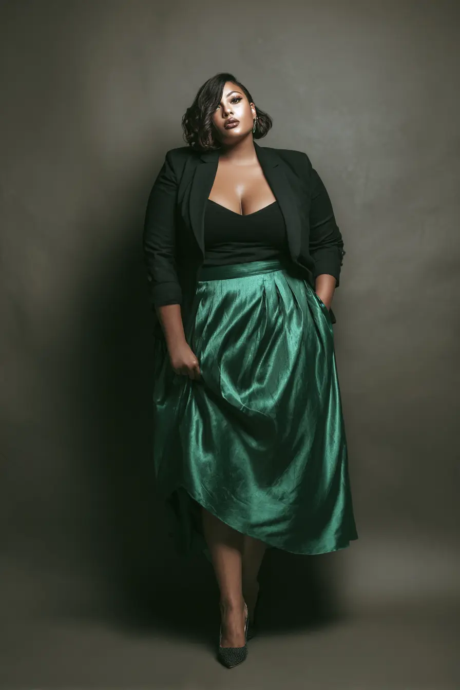 Tailored Blazer + Emerald Satin Midi Skirt