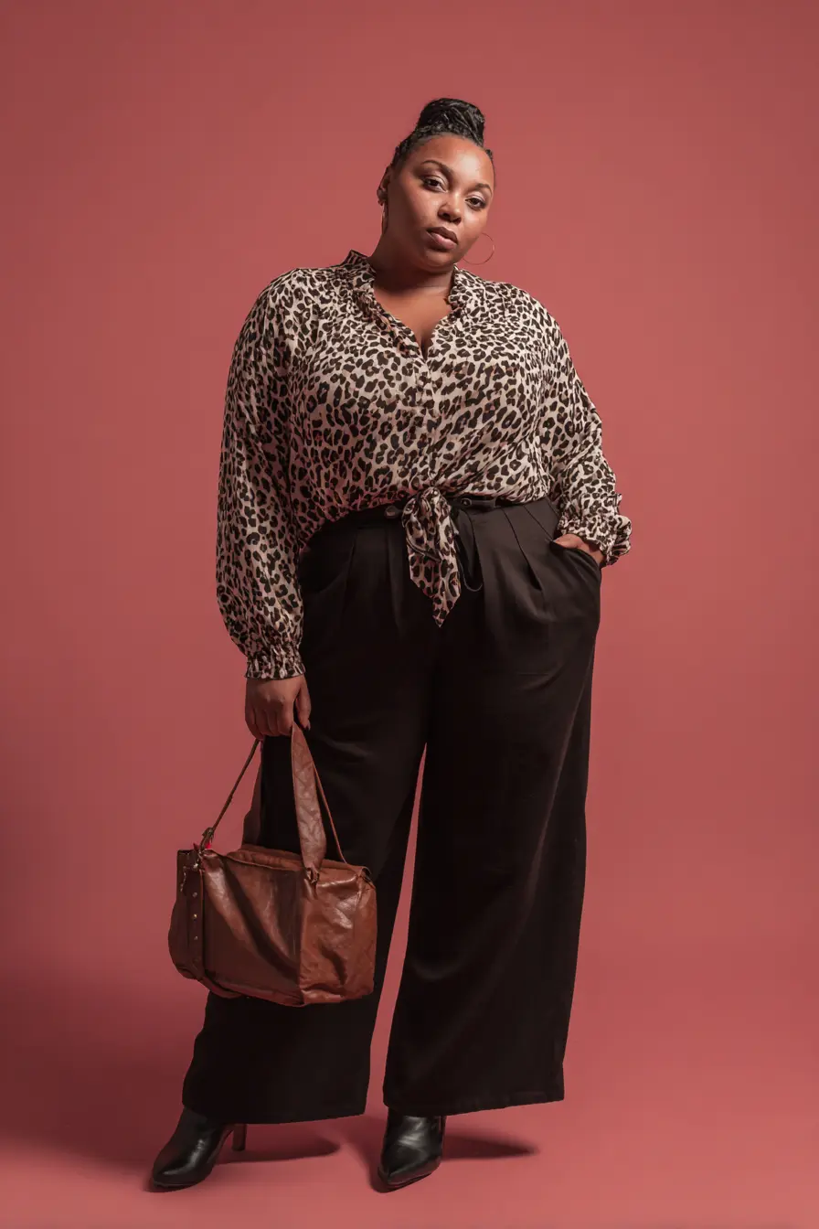 Leopard Tie-Front Blouse + Fluid Wide-Leg Trousers