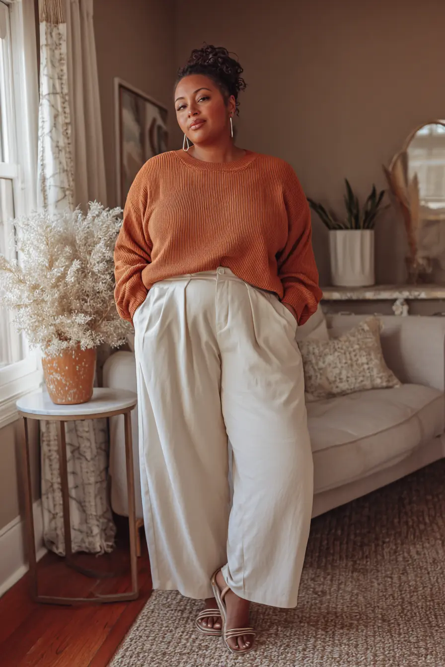Caramel Sweater + Ivory Wide-Leg Trousers