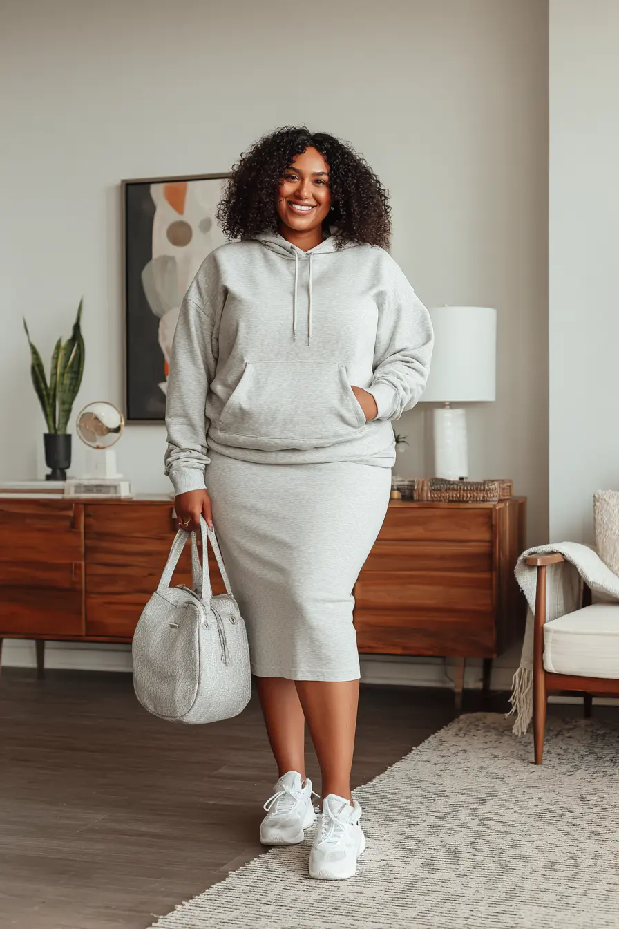 Sporty Hoodie Combo + Soft Knit Midi Skirt