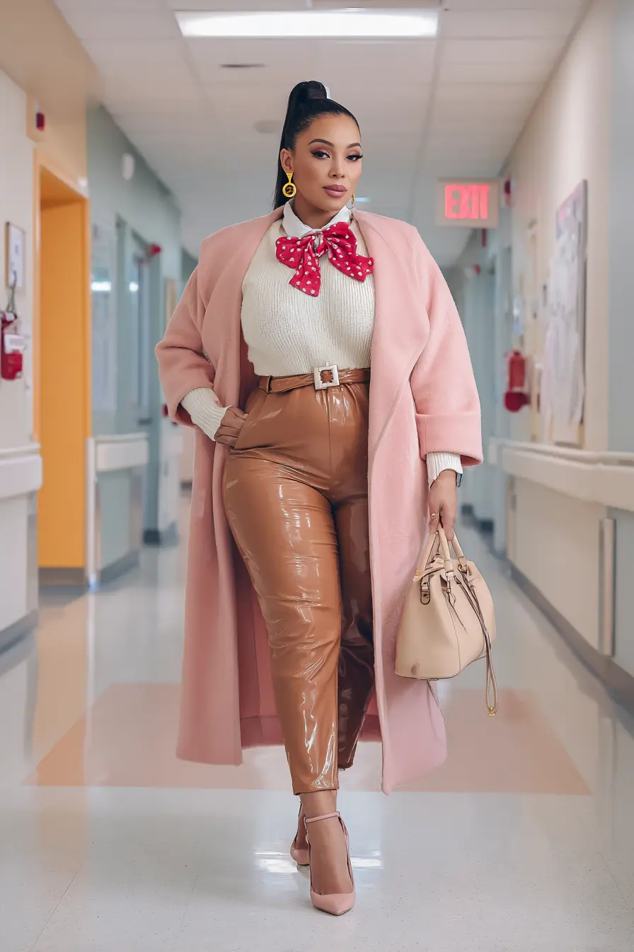 Faux Leather Pants + Soft Pink Coat