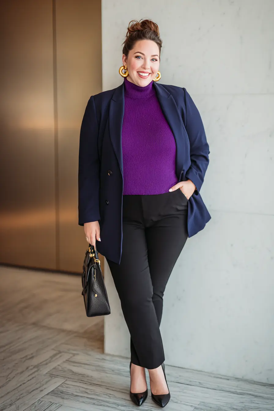 Navy Blazer + Bold Mock Neck