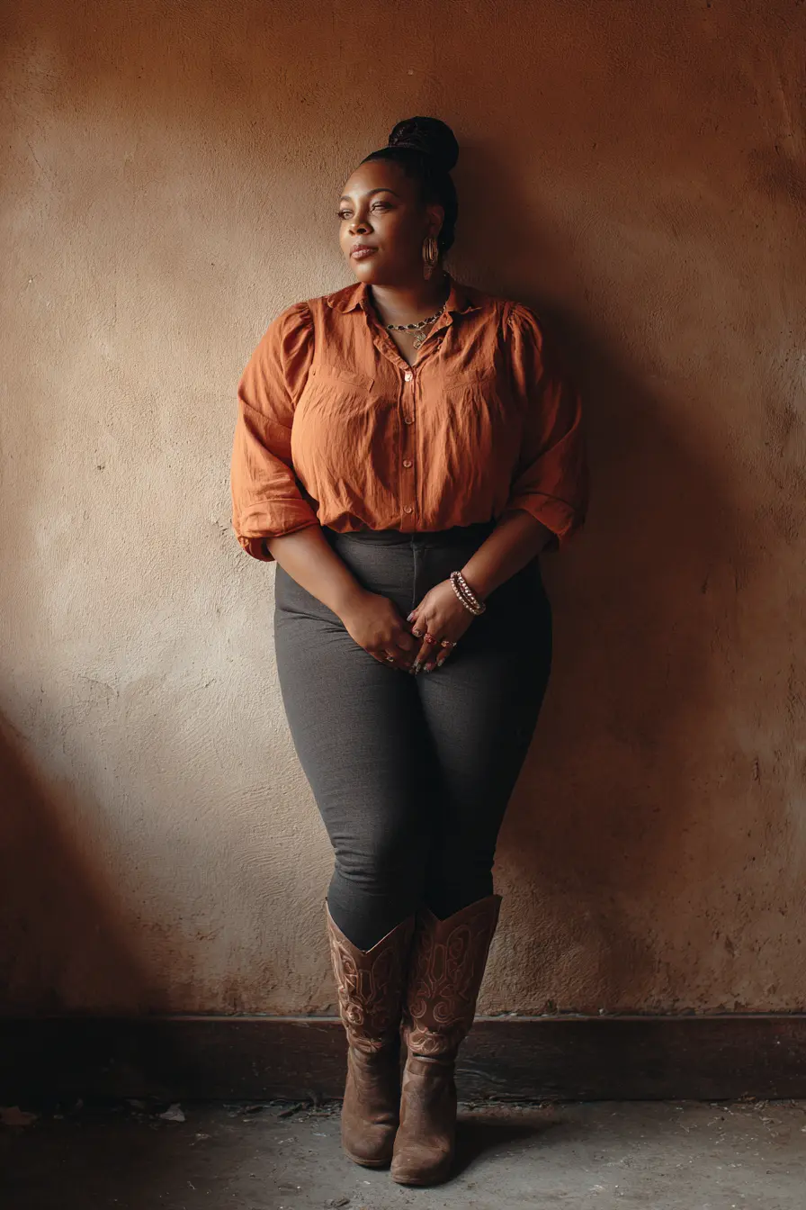 Rust Button-Up + Leggings and Western Boots