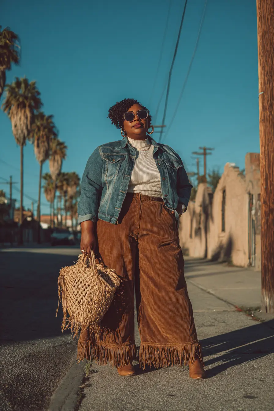 Cropped Denim Jacket + Fringe Corduroy Pants