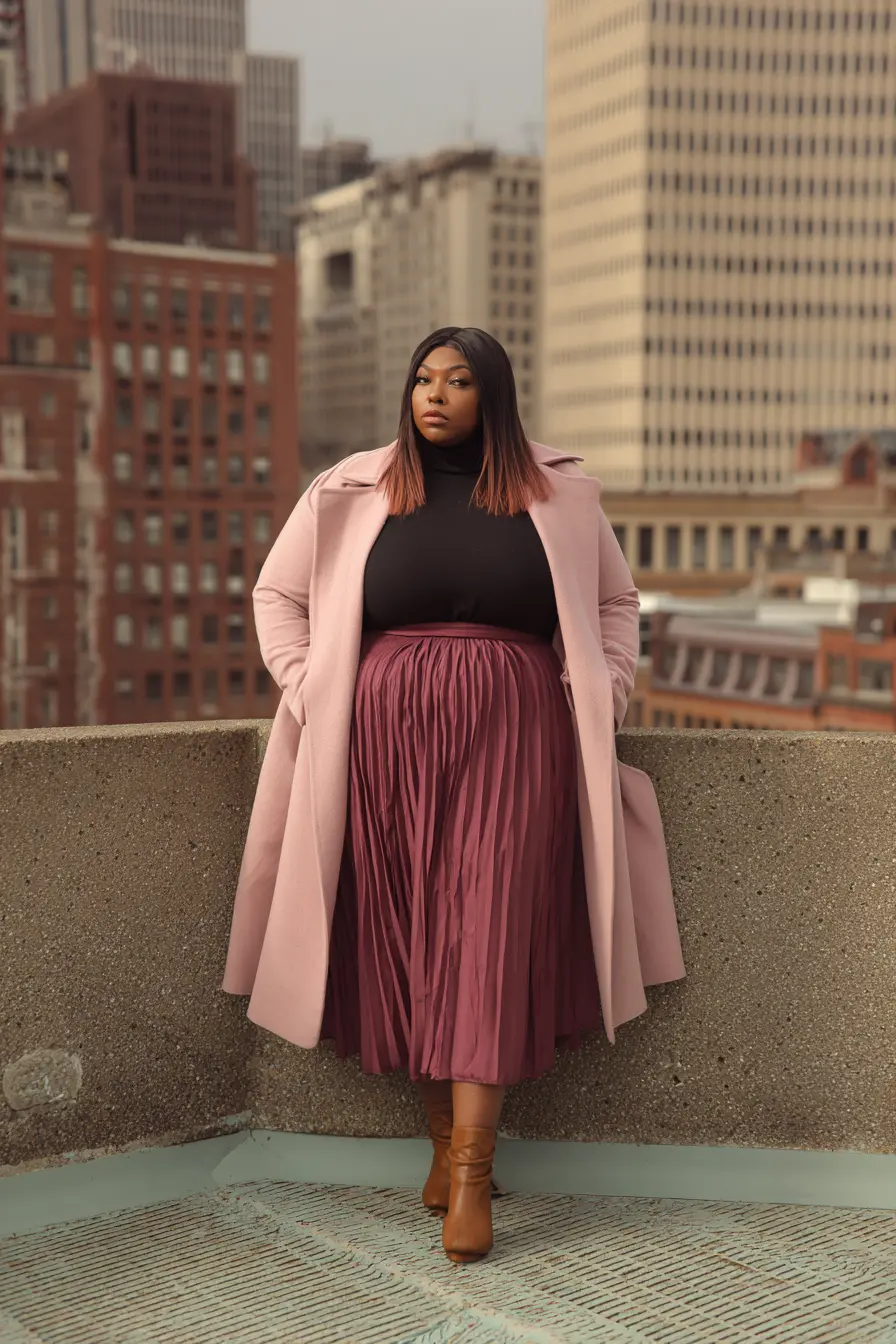 Long Coat + Turtleneck Top + Pleated Midi Skirt