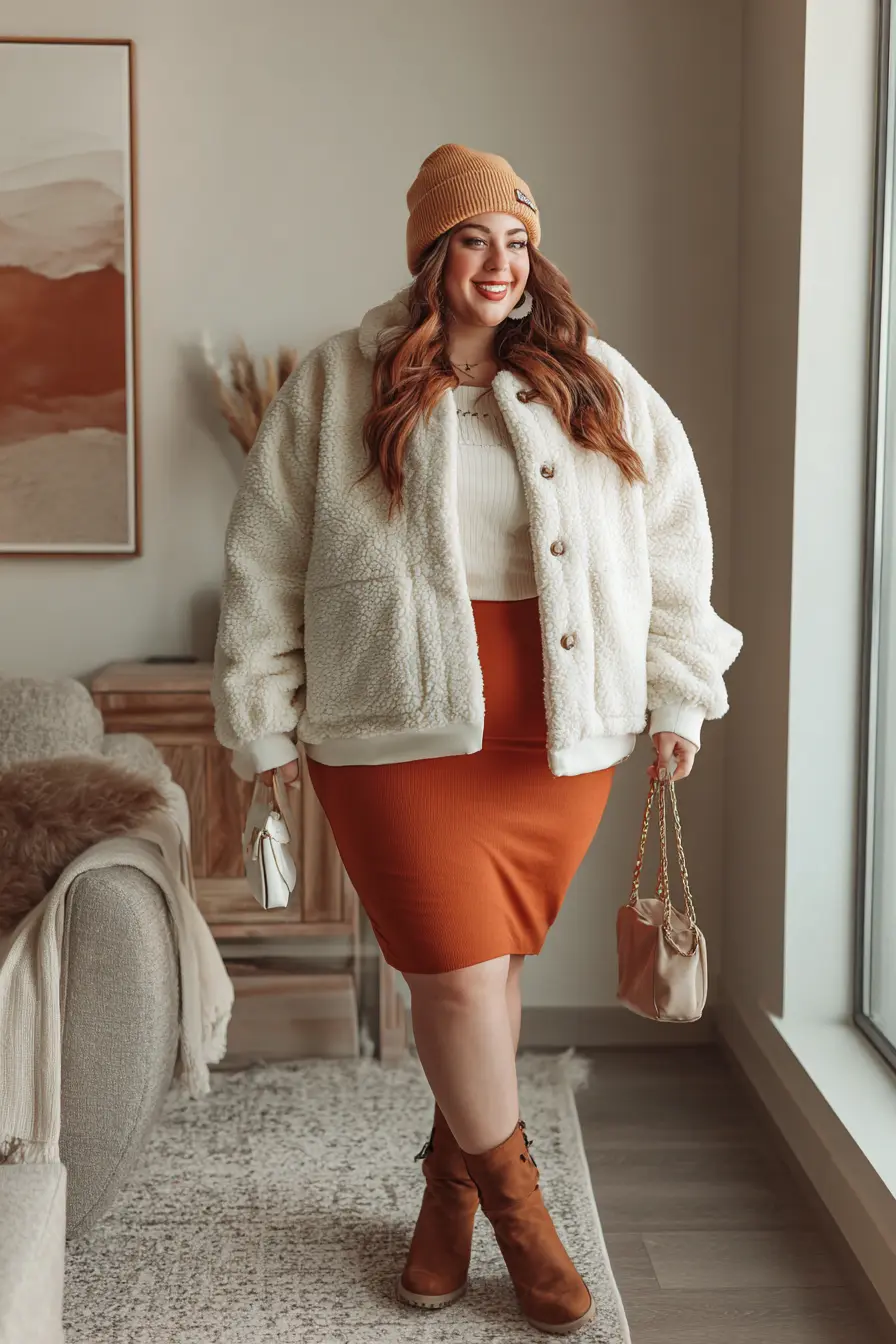 Sherpa Jacket + Rust Midi Skirt Warmth