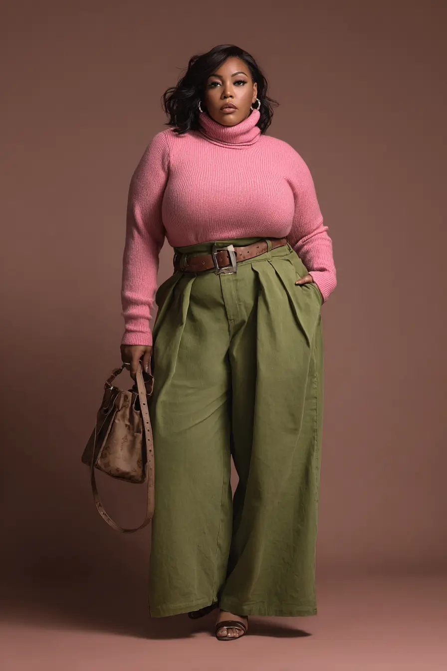 Dusty Pink Turtleneck + Olive Pleated Wide-Leg Pant