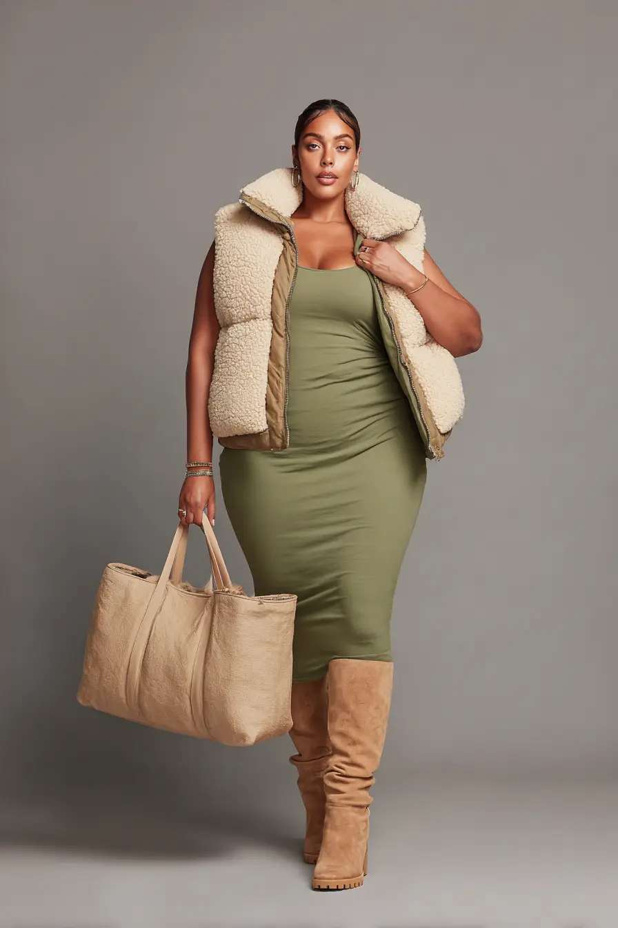 Olive Bodycon Dress + Shearling Puffer Vest