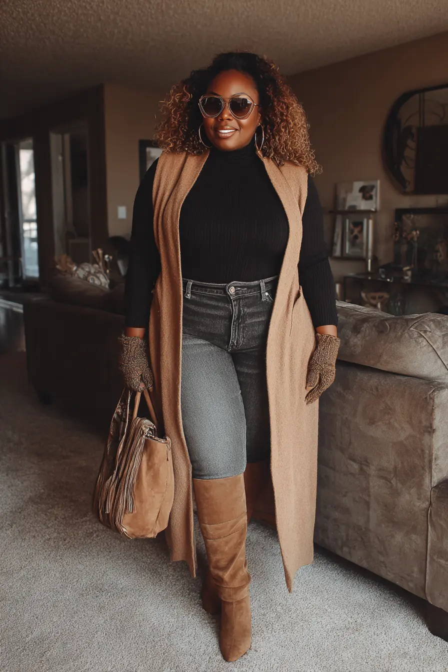 Camel Longline Vest + High Boots Statement