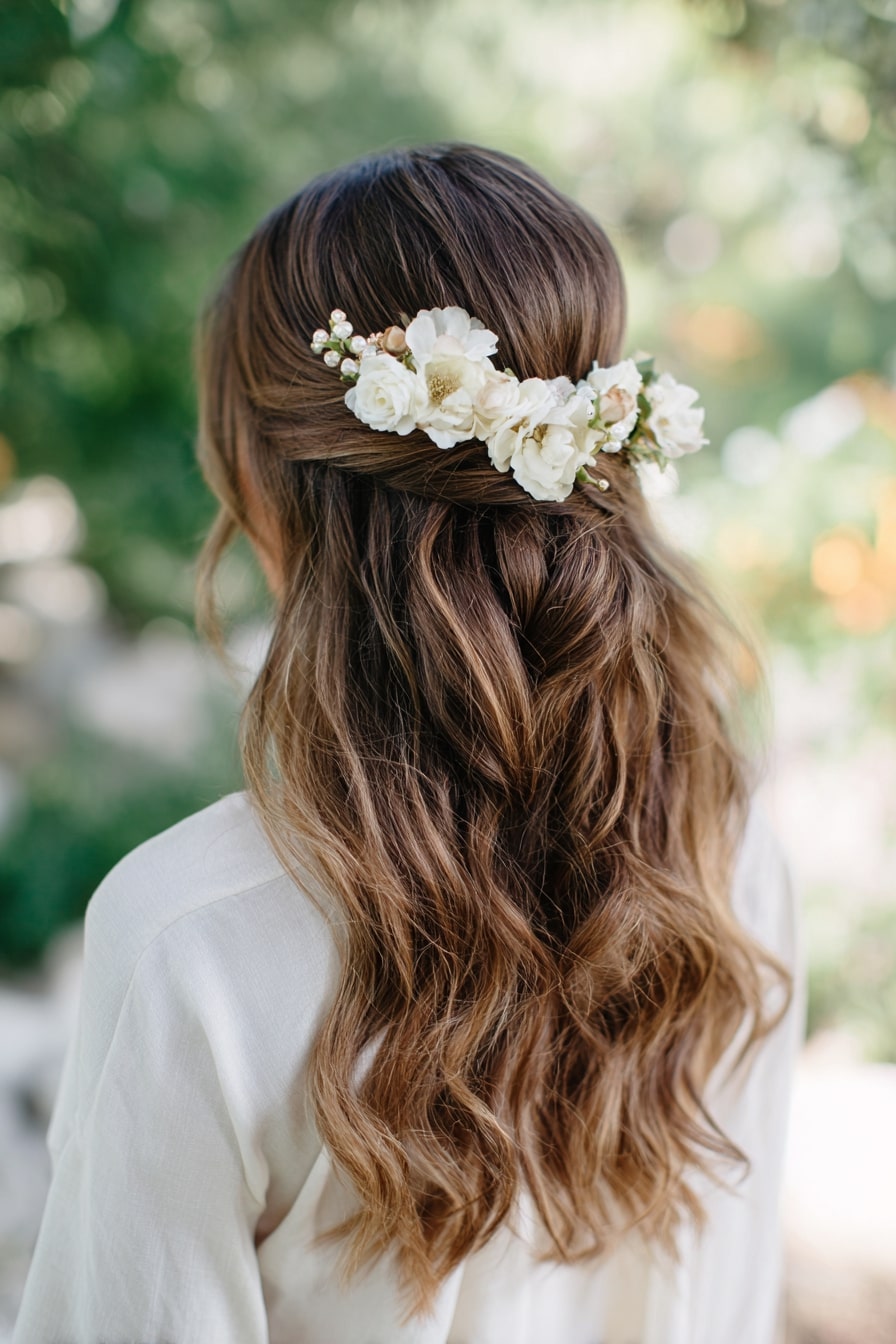 13. Petal Flow — Romantic Half-Up with Floral Crown