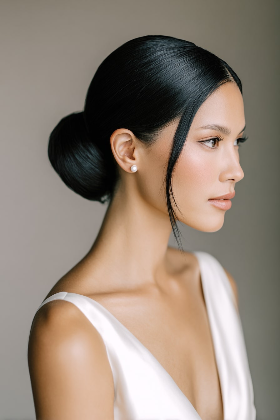3. Modern Muse — Sleek Low Chignon with Side Part