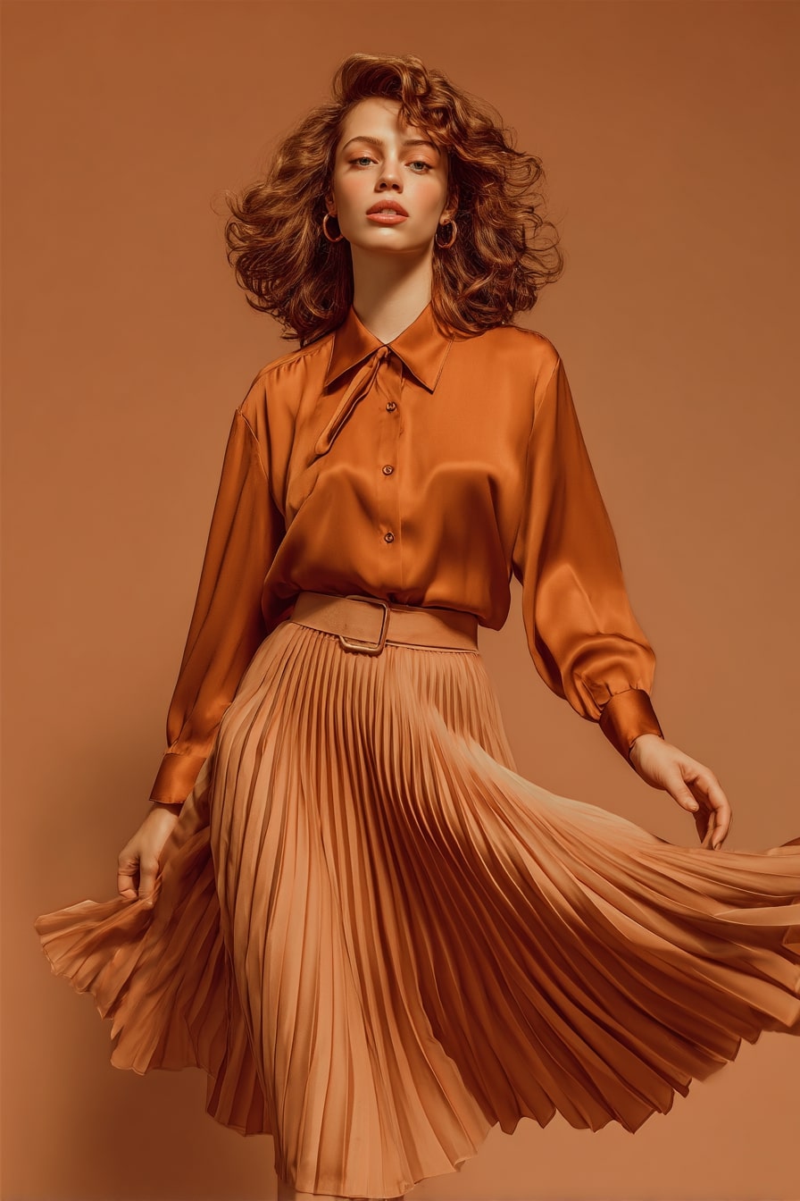 6. “Auburn Wing Harmony”  Soft Silk Blouse & Pleated Skirt