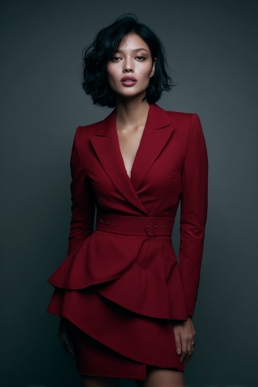 11. “Crimson Velocity” Contemporary Suit Dress