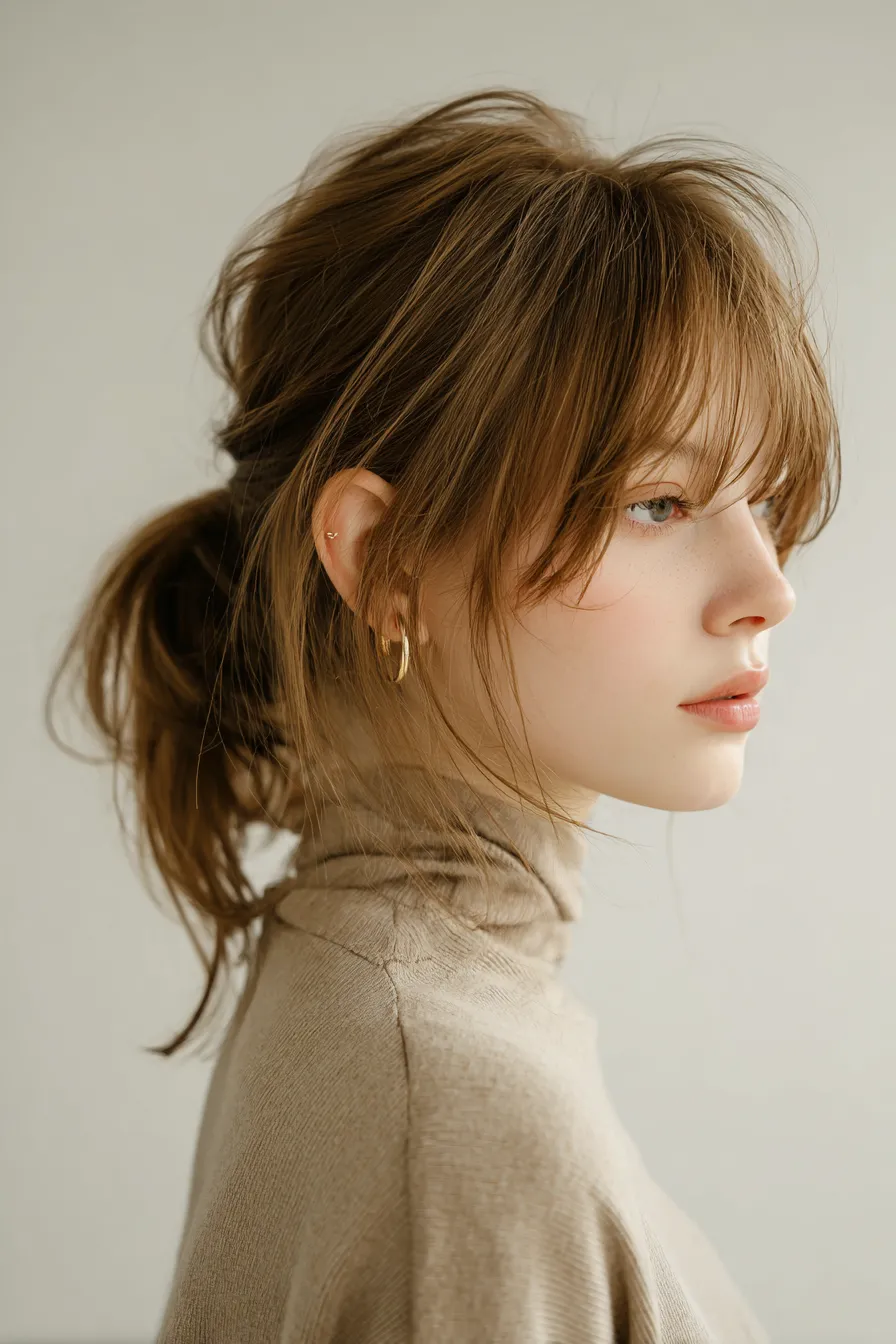Textured Messy Ponytail with Bangs
