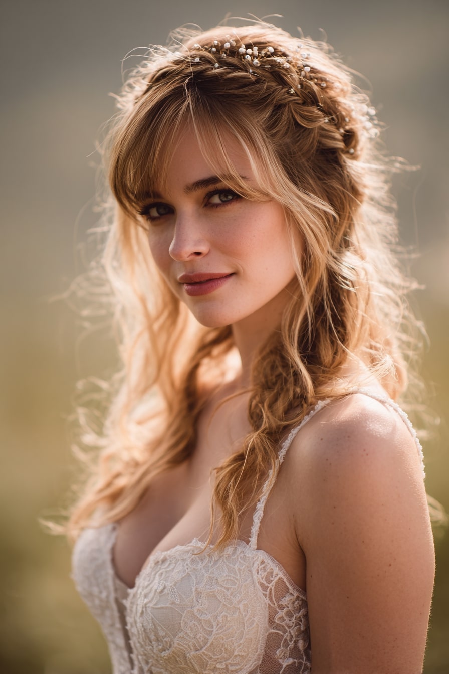 10. Textured Waves with Braided Crown – Romantic Fusion