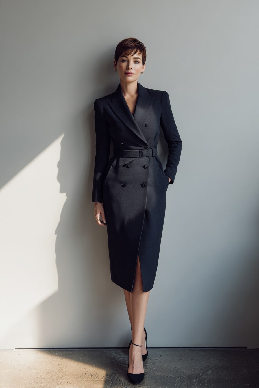 Executive Calm – The Double-Breasted Midi Dress