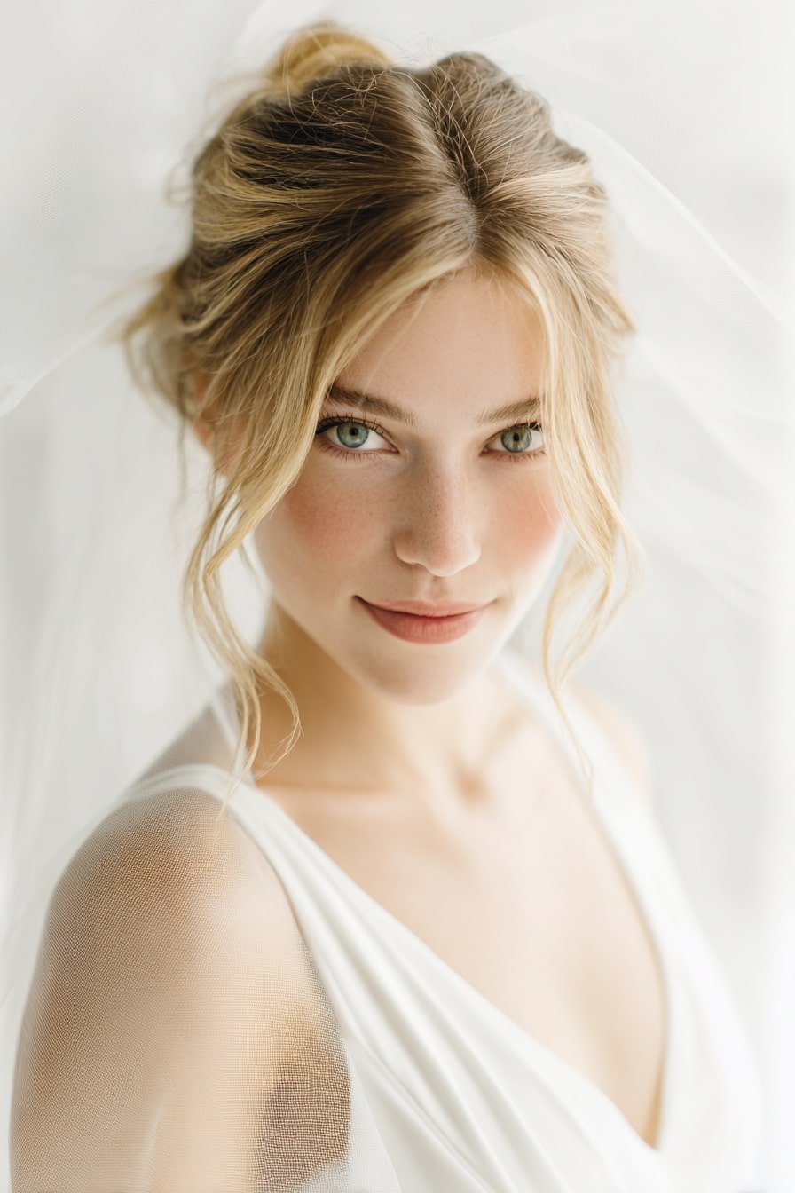 10. Cloud Veil — Airy Textured Bun with Tulle Overlay