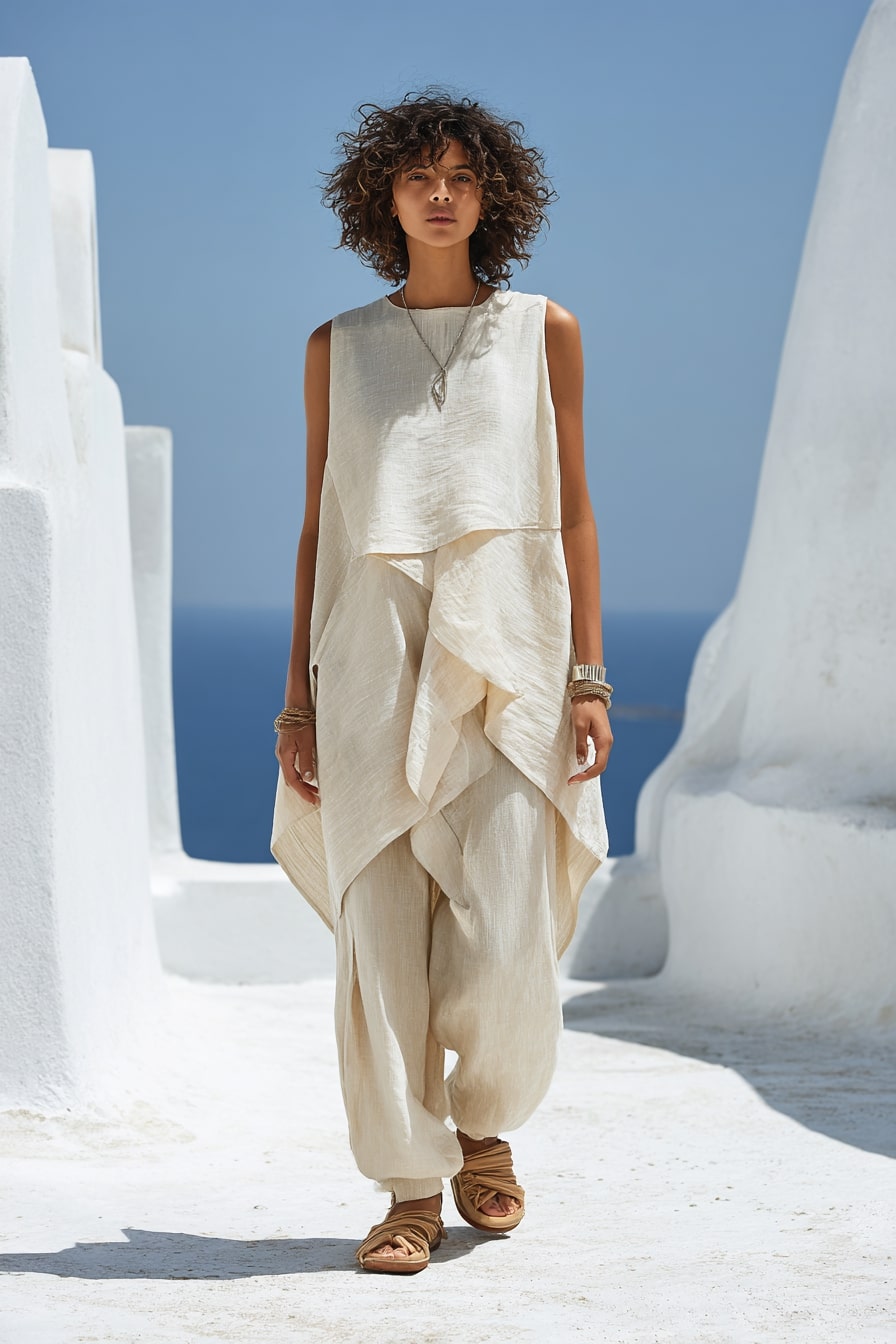 8. “Windswept Minimalist”  Layered Tunic & Linen Wide Pants