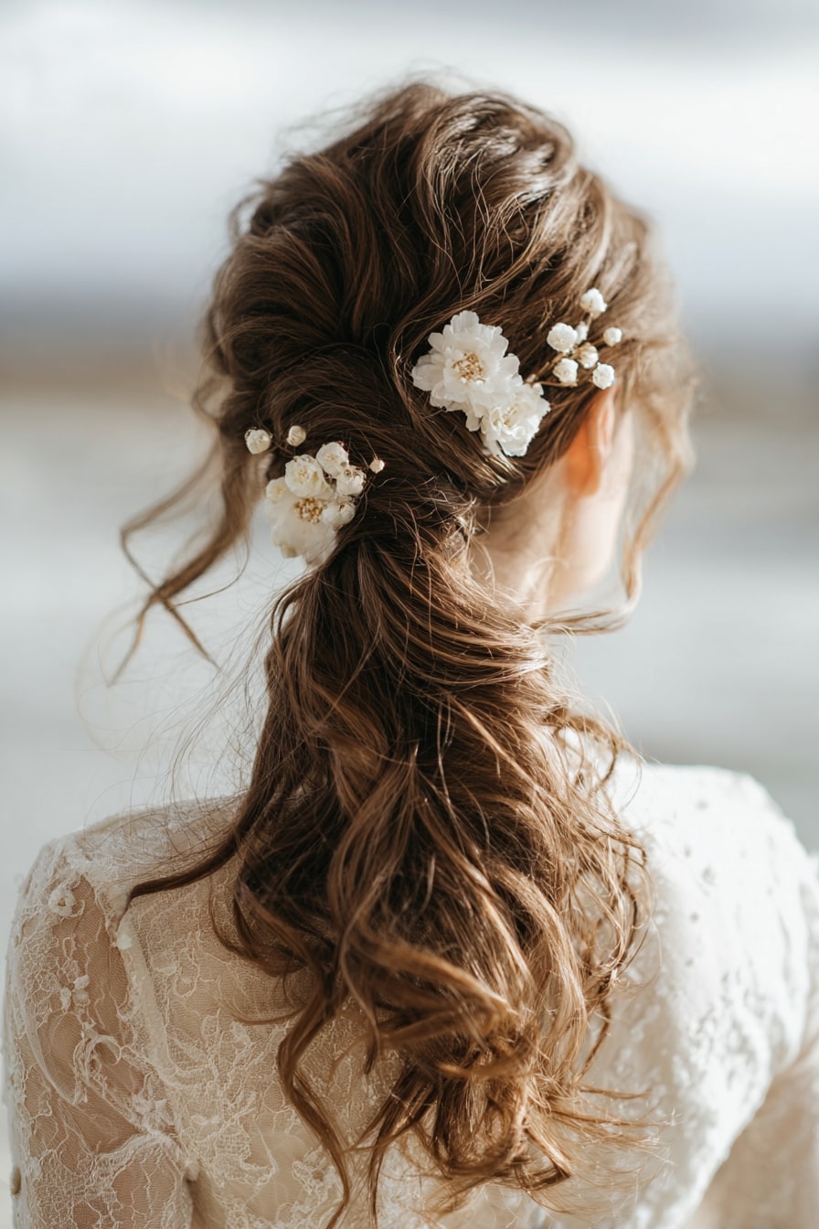 4. Garden Whispers — Textured Low Ponytail with Floral Pins