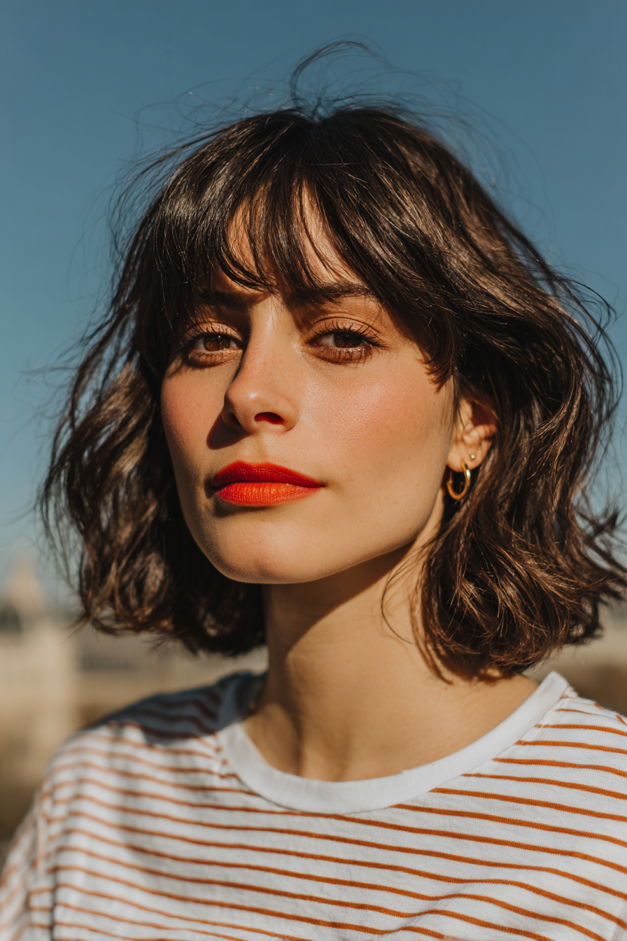 3. French Apartment Layers Wavy Mid-Bob with Curtain Bangs