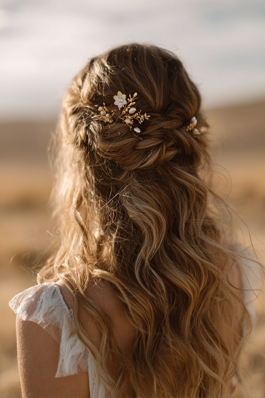 3. Bohemian Grace – Soft Knotted Half-Up Waves