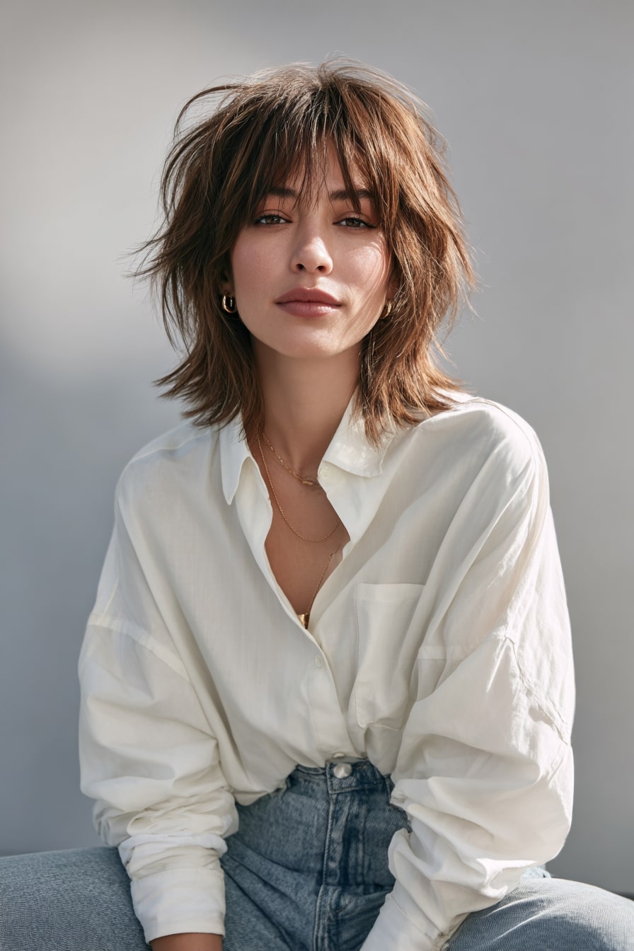 5. Effortless Cool Wispy Midi Shag with Side Bangs