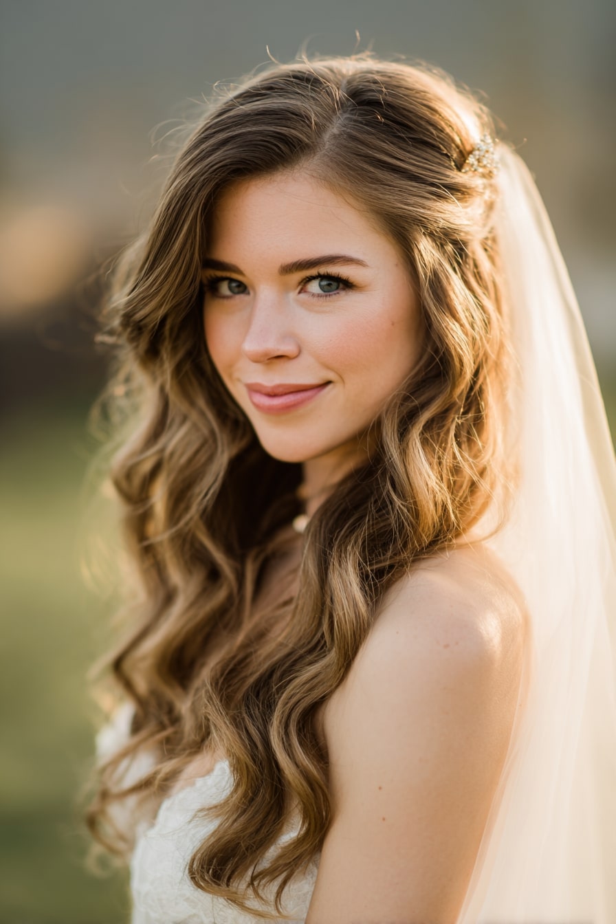 11. Golden Hour Glow — Loose Waves with Veil Lift