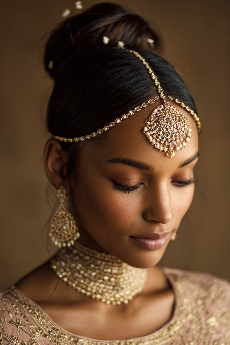 10. The Crescent Maang Tikka Bun – Indian Bridal Look
